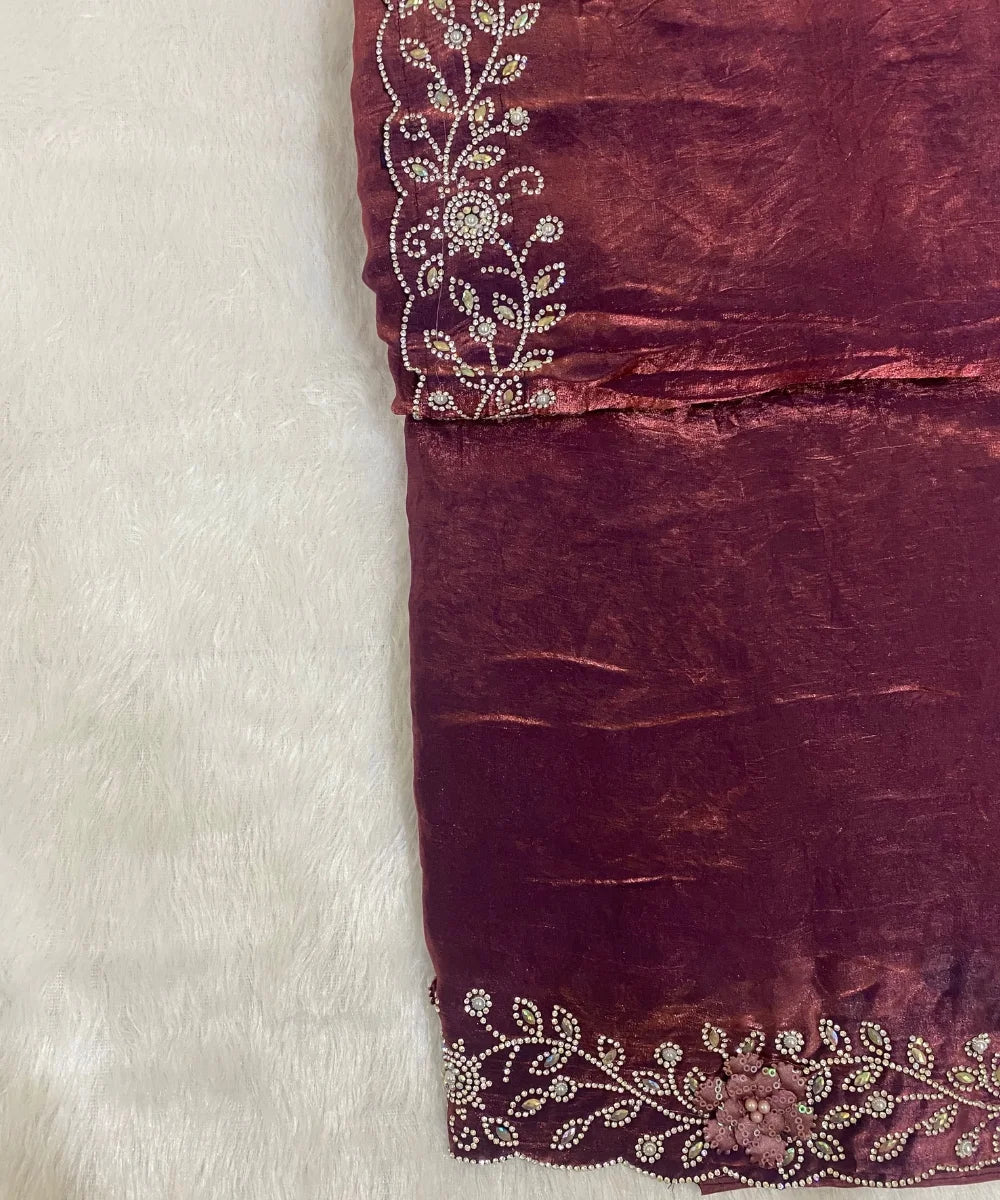 Wine Colored Satin Tissue Saree for Occasion
