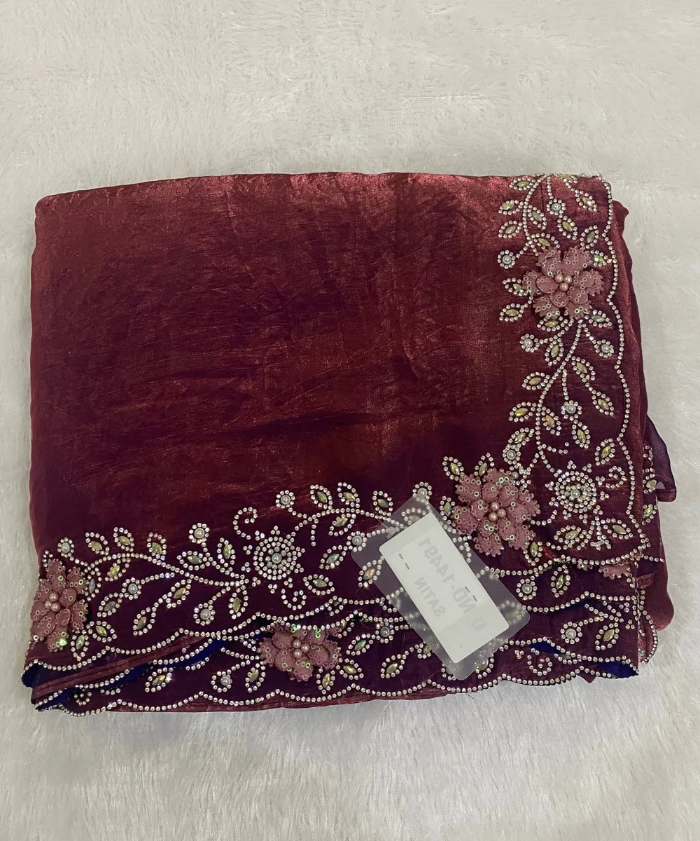 Wine Colored Satin Tissue Saree for Occasion