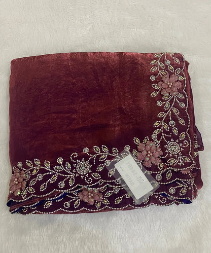 Wine Colored Satin Tissue Saree for Occasion