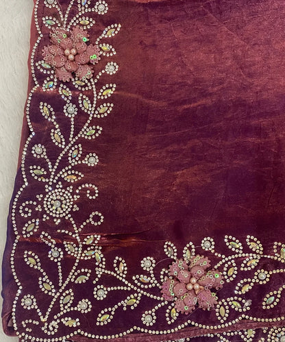 Wine Colored Satin Tissue Saree for Occasion