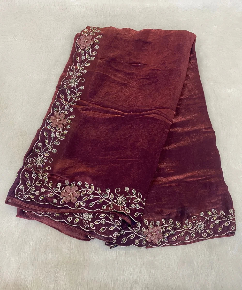Wine Colored Satin Tissue Saree for Occasion