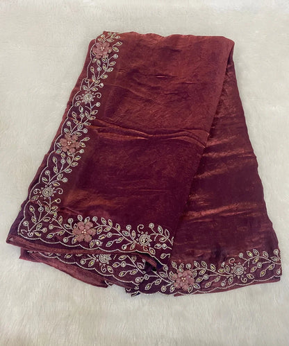 Wine Colored Satin Tissue Saree for Occasion