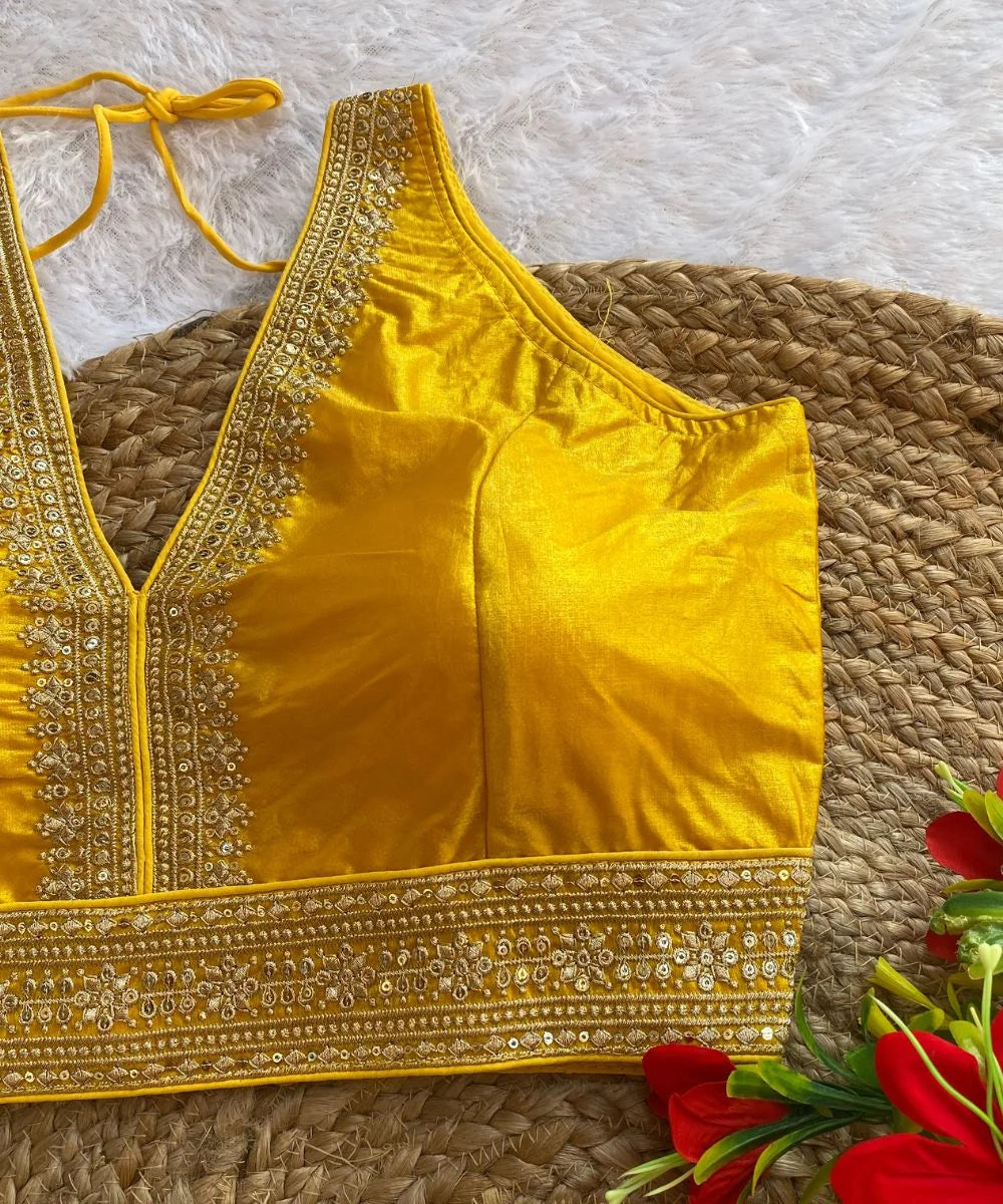 close up photo of Yellow Embroidered Wedding wear Blouse 