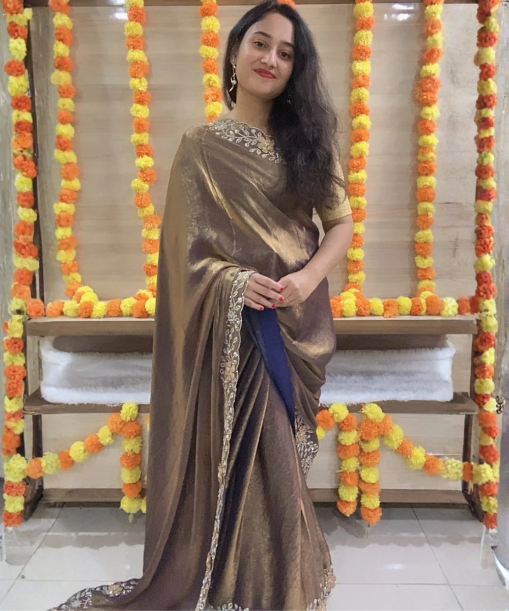 Golden-Dust Colored Satin Tissue Saree for Occasion