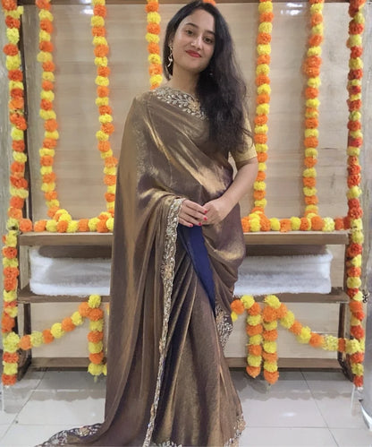 Golden-Dust Colored Satin Tissue Saree for Occasion